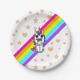 Plato De Papel Unicornio de Arcoíris Rosa con Mariposa en la Nari