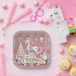 Plato De Papel Unicornio de la Tierra de Ensueño de Navidad Rosa