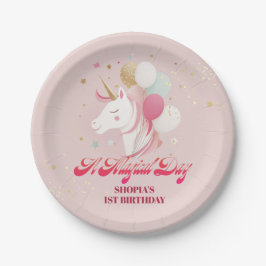 Plato De Papel Unicornio de primer cumpleaños mágico