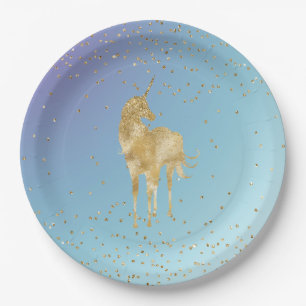Plato De Papel Unicornio de Purpura Aqua Dorado Brillante