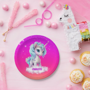 Plato De Papel Unicornio en el cielo vibrante rosa de la nube de