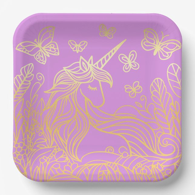 Plato De Papel Unicornio en el oro de los jardines (Anverso)