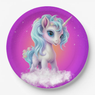 Plato De Papel Unicornio en la nube con un cielo rosa vibrante