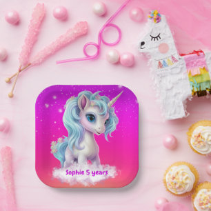 Plato De Papel Unicornio en la nube con un sólido cielo vibrante 