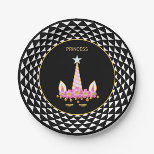 Plato De Papel Unicornio, flores, confeti de oro en blanco y negr