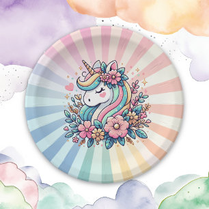Plato De Papel Unicornio mágico rosa y dorado y flores