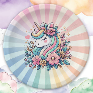 Plato De Papel Unicornio mágico rosa y dorado y flores