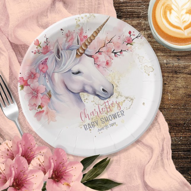 Plato De Papel Unicornio místico | Chica Floral Rosa Baby Shower (Mystical Unicorn and Cherry Blossoms Pink Floral Girl Baby Shower Paper Plates)
