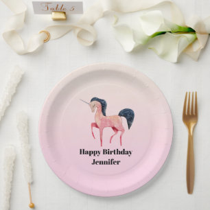 Plato De Papel Unicornio nórdico rosa con cumpleaños de hombre ne