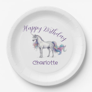 Plato De Papel unicornio púrpura marón feliz cumpleaños niños nom
