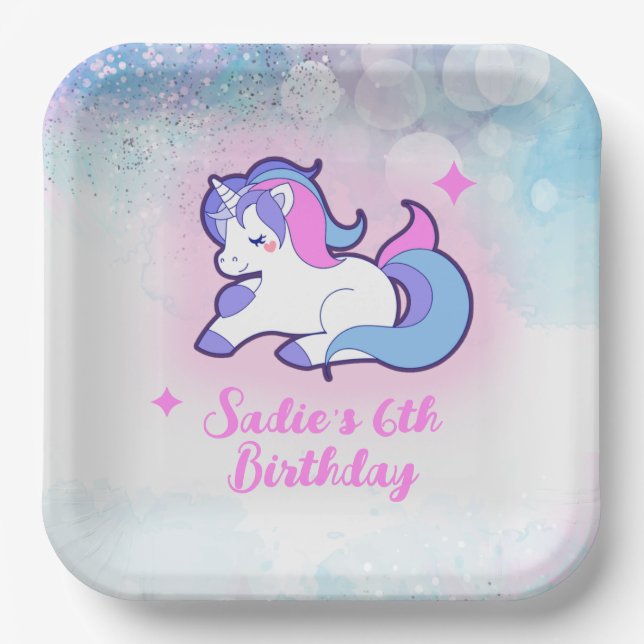Plato De Papel Unicornio Purpurina Púrpura Mágico Cualquier Cumpl (Anverso)