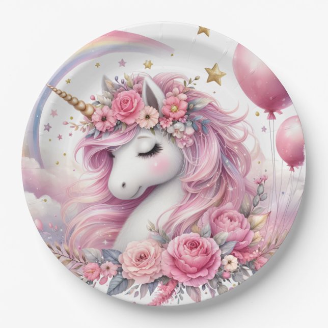 Plato De Papel Unicornio rosa (Anverso)