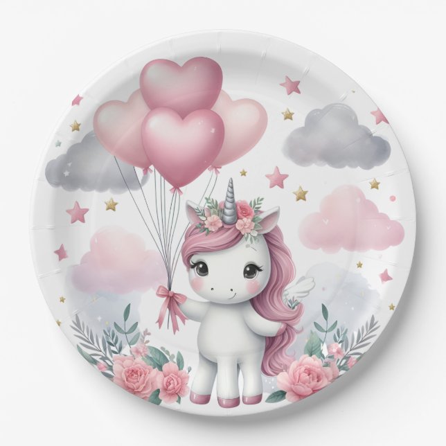 Plato De Papel Unicornio rosa (Anverso)
