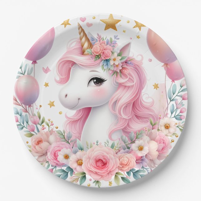 Plato De Papel Unicornio rosa (Anverso)