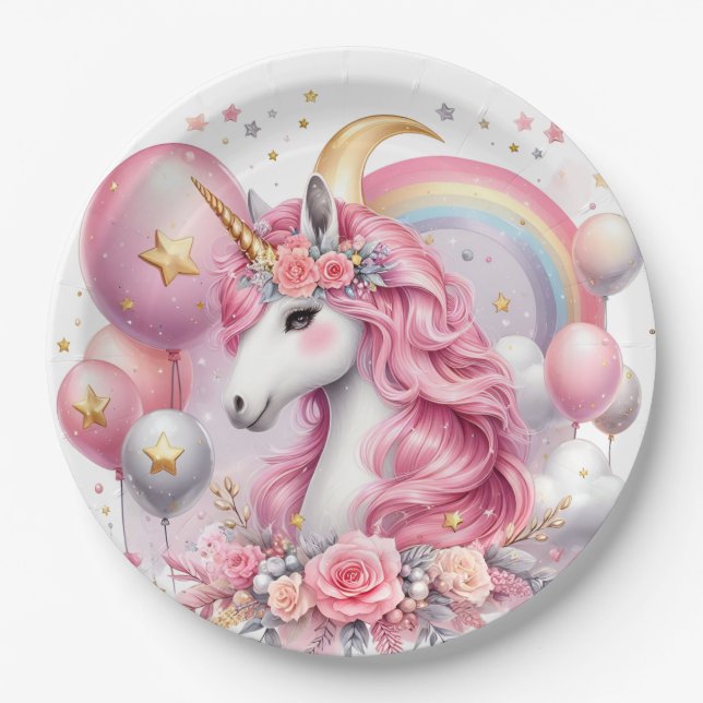 Plato De Papel Unicornio rosa (Anverso)