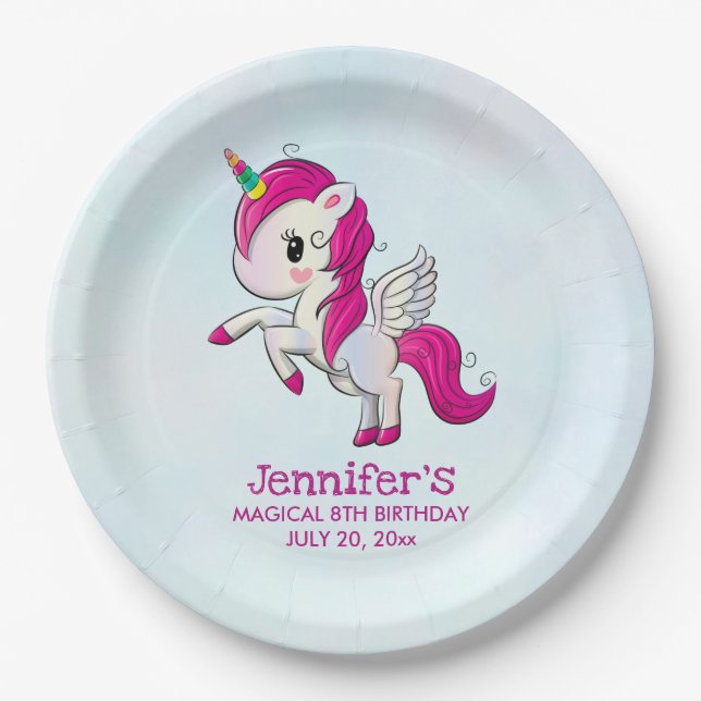 Plato De Papel Unicornio rosado con alas Cumpleaños (Anverso)