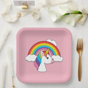 Plato De Papel Unicornio y arcoiris con nubes kawaii