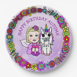 Plato De Papel Unicornio y Hada personalizados de Feliz Cumpleaño