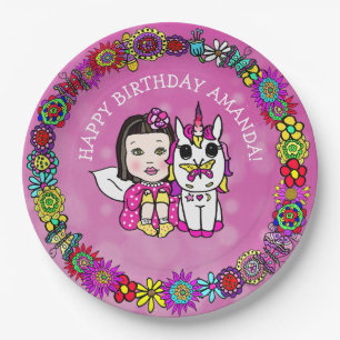 Plato De Papel Unicornio y Hada personalizados Feliz Cumpleaños
