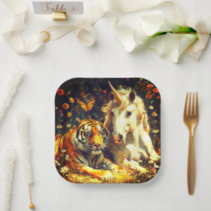 Plato De Papel Unicornio y tigre