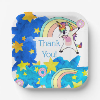 Plato De Papel Unicornios Donas de Arcoíris en Cielo Estrellado A