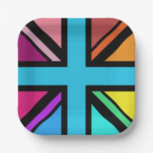Plato De Papel Unión Jack/Bandera Multicolorizado+Diseño Negro