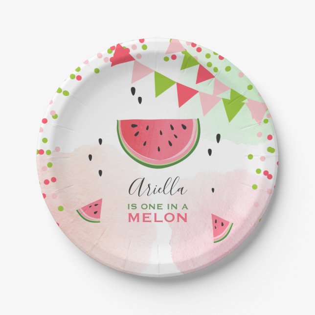 Plato De Papel Uno en melón Primer cumpleaños Placas verano (Anverso)
