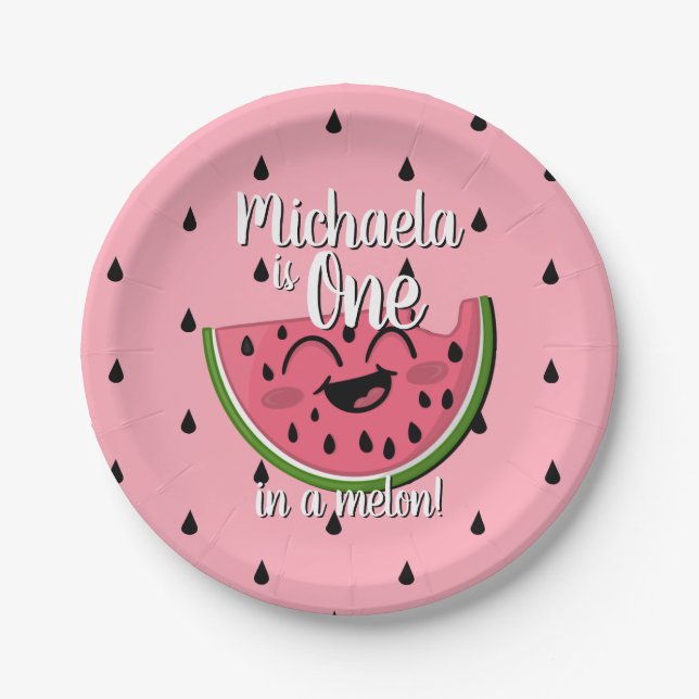 Plato De Papel Uno en un Melón Melón Cute Rosa Primer Cumpleaños (Anverso)