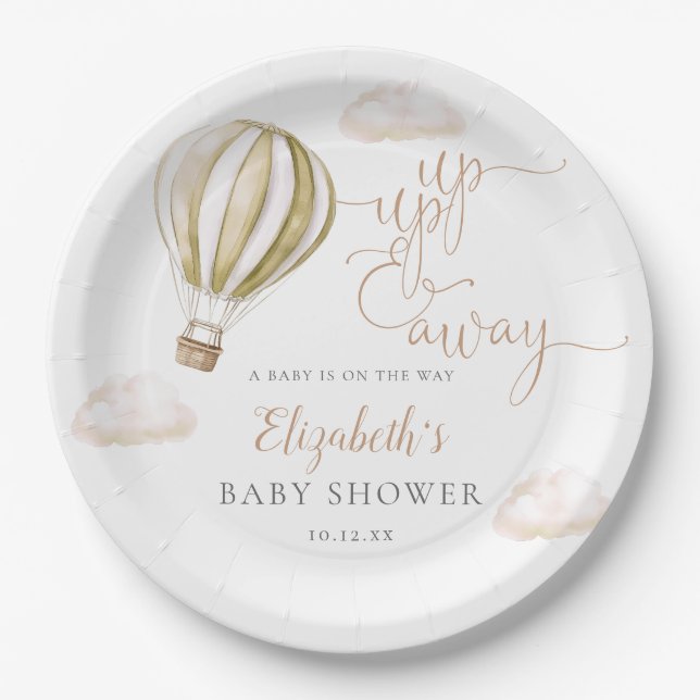 Plato De Papel Up And Away  Globo Aerostático Neutral Baby Shower (Anverso)