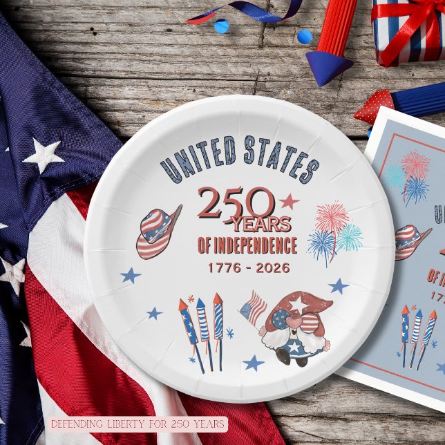 Plato De Papel USA 250th Anniversary Patriotic Gnome Paper Plates (USA 250th Anniversary Patriotic Gnome Paper Plates)