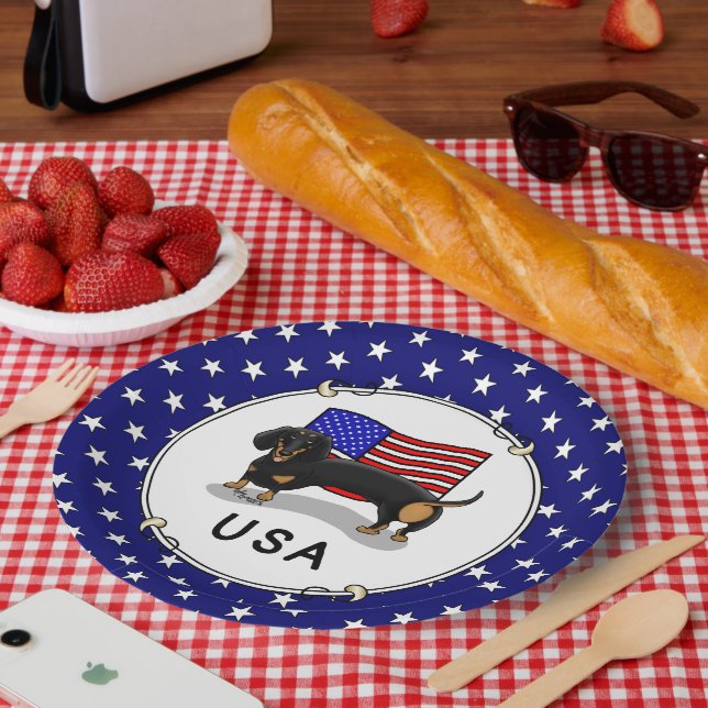 Plato De Papel USA American Flag Dachshund Dachsie (black & tan) (Picnic)