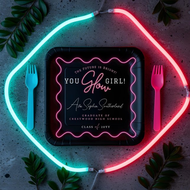Plato De Papel Usted Graduación De Neón Rosado De Onda Retro Chic (You Glow Girl Retro Wavy Pink Neon Graduation Paper Plates)