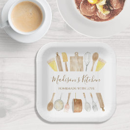Plato De Papel Utensilios de cocina personalizados con acuarela