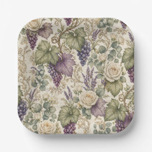 Plato De Papel Uvas Antiguas, Lavanda y Rosas Blancas