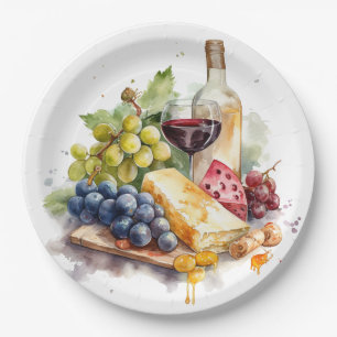 Plato De Papel Uvas de viñedo Queso Copa de vino Acuarela