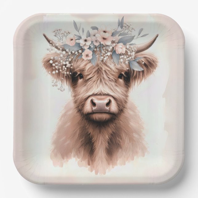 Plato De Papel Vaca Boho Highland con Corona Floral Nupcial (Anverso)