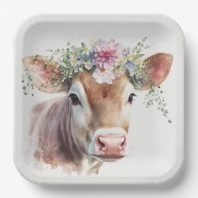 Plato De Papel Vaca con cabeza floral (Anverso)