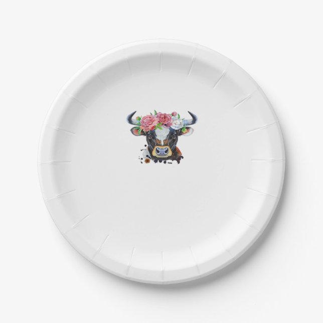 Plato De Papel Vaca coronada con flores camiseta clásica (Anverso)