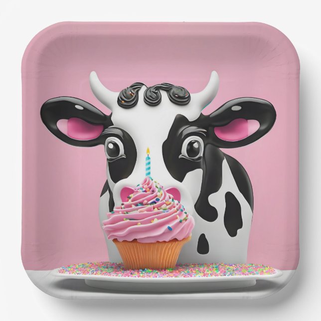 Plato De Papel Vaca De Cumpleaños Con Torta De Pastel En Rosa (Anverso)