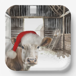 Plato De Papel Vaca de grano de navidad con Santa Hat