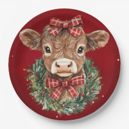 Plato De Papel Vaca escocesa de tierras altas en tiempo de Navida