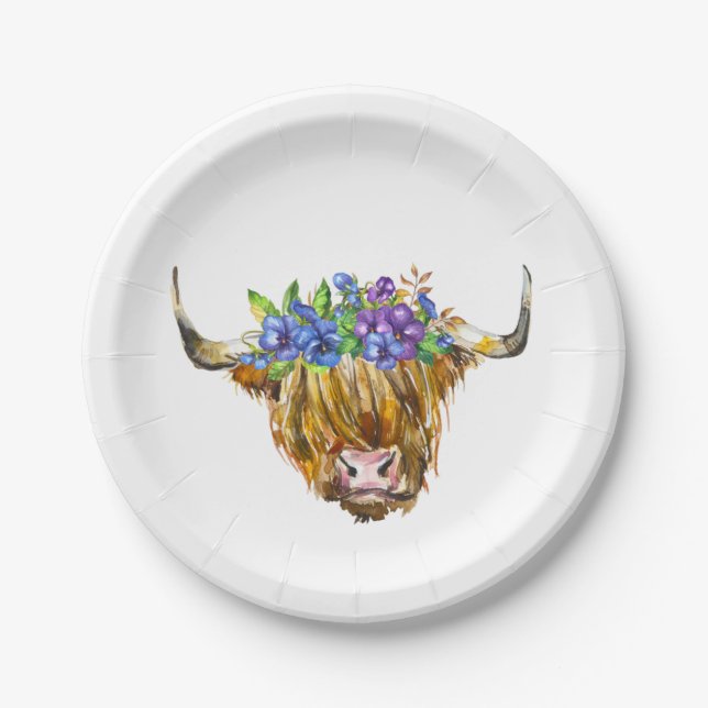 Plato De Papel Vaca escocesa Highland con acuarela de flores (Anverso)