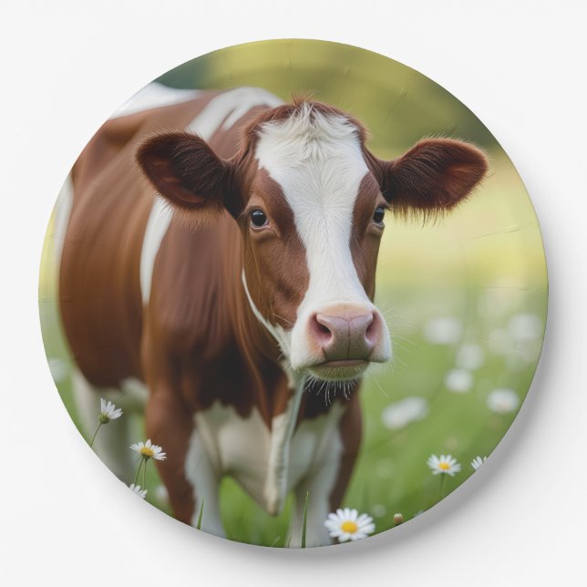 Plato De Papel Vaca Guernsey En Campo De Daisy (Anverso)