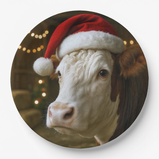 Plato De Papel Vaca Hereford de Navidad con sombrero de Santa (Anverso)