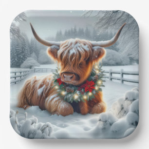 Plato De Papel Vaca Highland de navidades con guirnalda