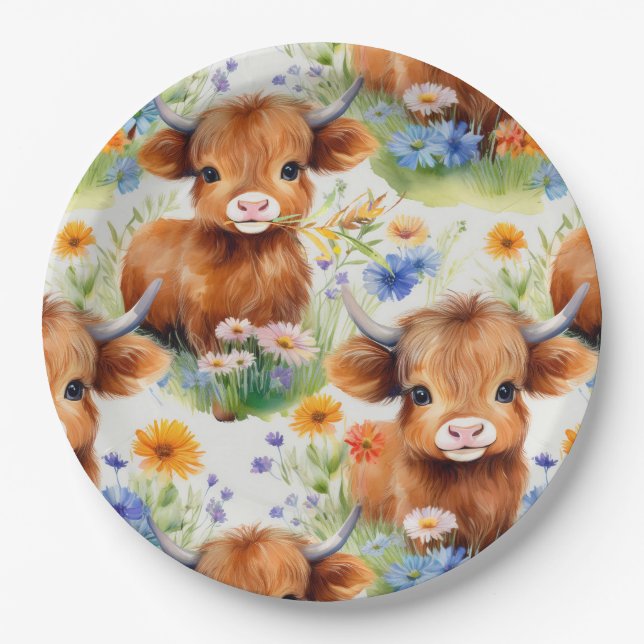 Plato De Papel Vaca Highland en flores silvestres (Anverso)