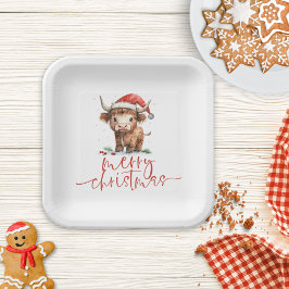 Plato De Papel Vaca Highland en Santa Hat Feliz Navidad