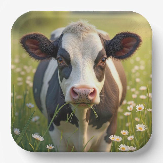 Plato De Papel Vaca Holstein En Pastel Verde Con Daisies (Anverso)