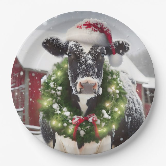 Plato De Papel Vaca navidad con guirnalda (Anverso)