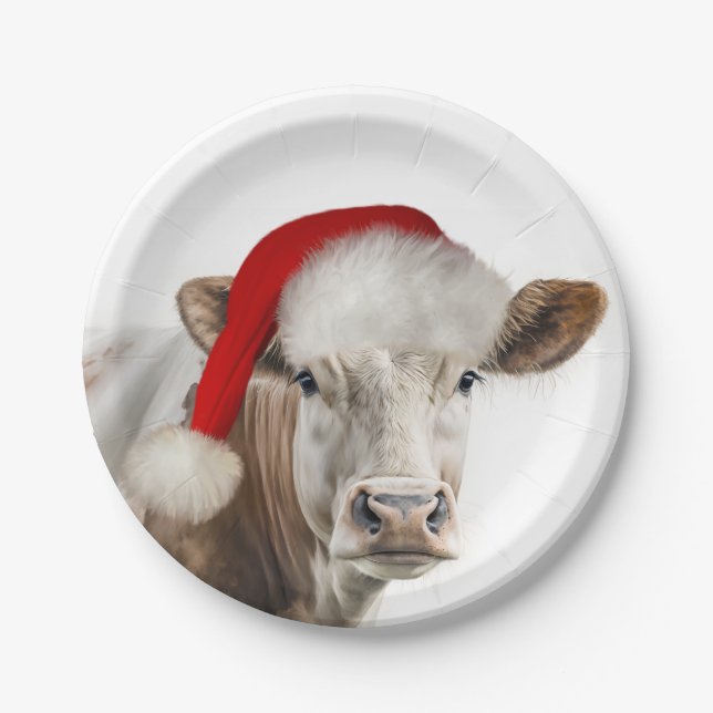 Plato De Papel Vaca navidad con Santa Hat (Anverso)